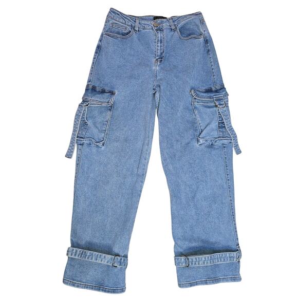 Fashion Nova Wide Leg Cargo Blue Jean Pants Womens Size 9 Skater Baggy Stretchy - Picture 1 of 8